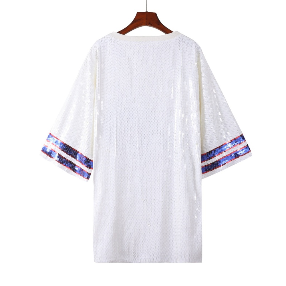 Sale‼️Buffalo Bills sequin dress. White Sequin T-Shirt with Blue and Red Buffalo - Picture 9 of 11